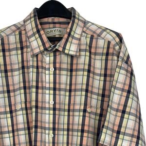 Orvis PLaid Button Up Shirt Mens XXL 100% Cotton Short Sleeve Shirt Blue Peach